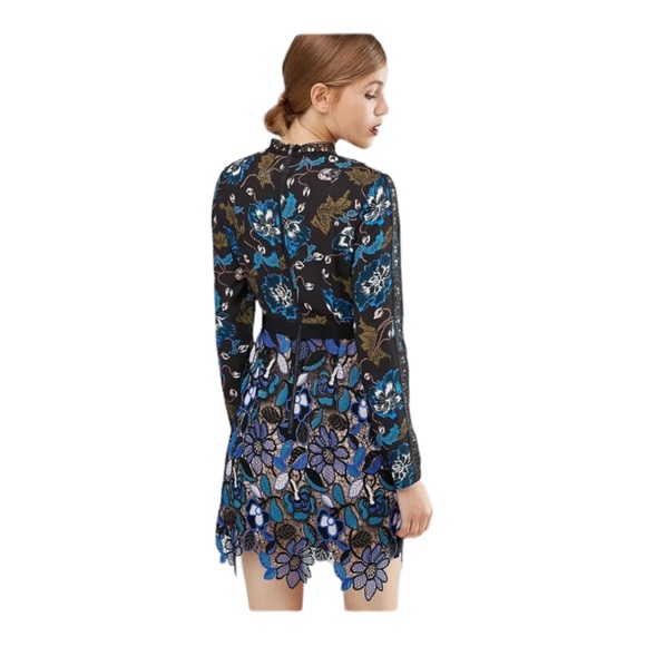 Self Portrait Maxine Floral Lace Mini Dress Long Sleeve Blue Black Aiden Size M - Picture 2 of 16